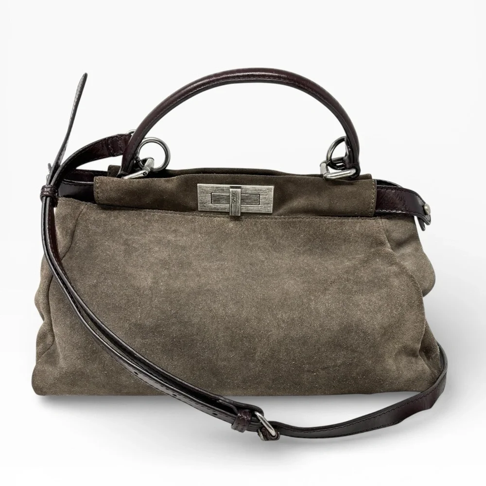 Fendi Peekaboo Top Handle Bag Dove Grey Suede Medium Silver Hardware - Picture 6 of 16